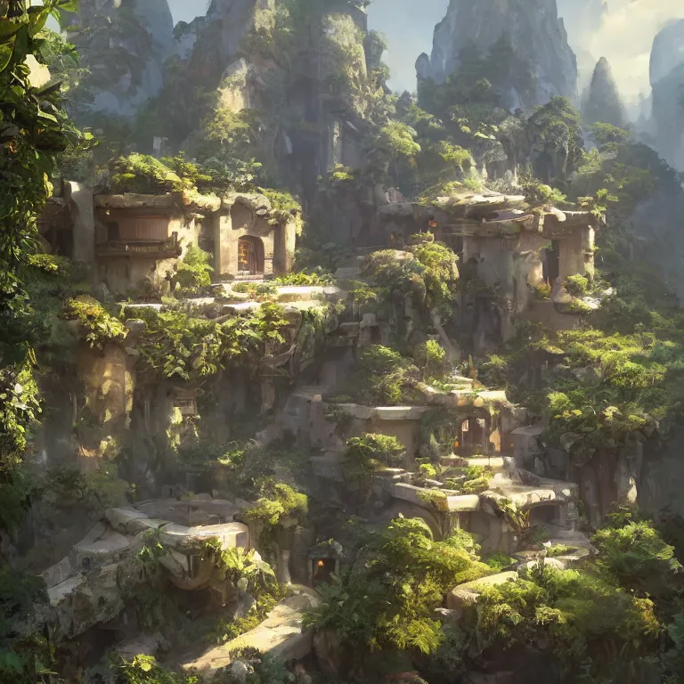 Image similar to secret overwatch living quarters carved inside a mountain surrounding a lush garden, trimmed, magical, natural light, cozy, fantasy, minimalist architecture, sharp focus, concept art, by greg rutkowski and craig mullins, atmospheric, octane render
