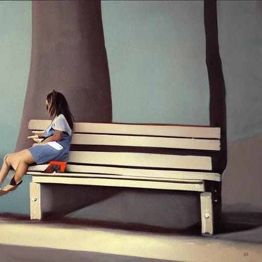 Prompt: a painting of a person sitting on a bench, a photorealistic painting by richard hamilton, behance contest winner, american scene painting, matte drawing, dystopian art, oil on canvas