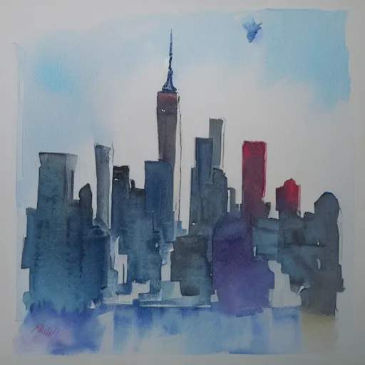 Image similar to new york at sunrise. watercolor. trending on artstation.