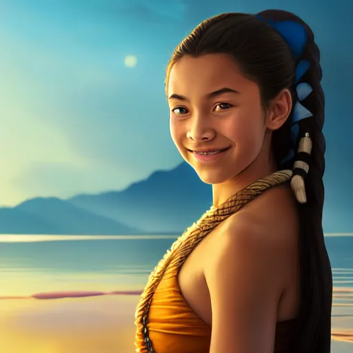 Prompt: beautiful serene intricate portrait of katara from the water tribe as a young woman, smiling softly, relaxing on the beach, golden hour, soft focus, 8 k, art by irakli nadar, hyperrealism, hyperdetailed, ultra realistic