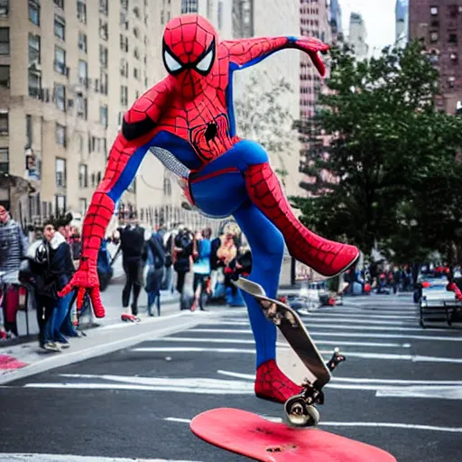 Prompt: spider - man performs a perfect kick flip on his skateboard in new york city whilst a crowd watches, beautiful photograph