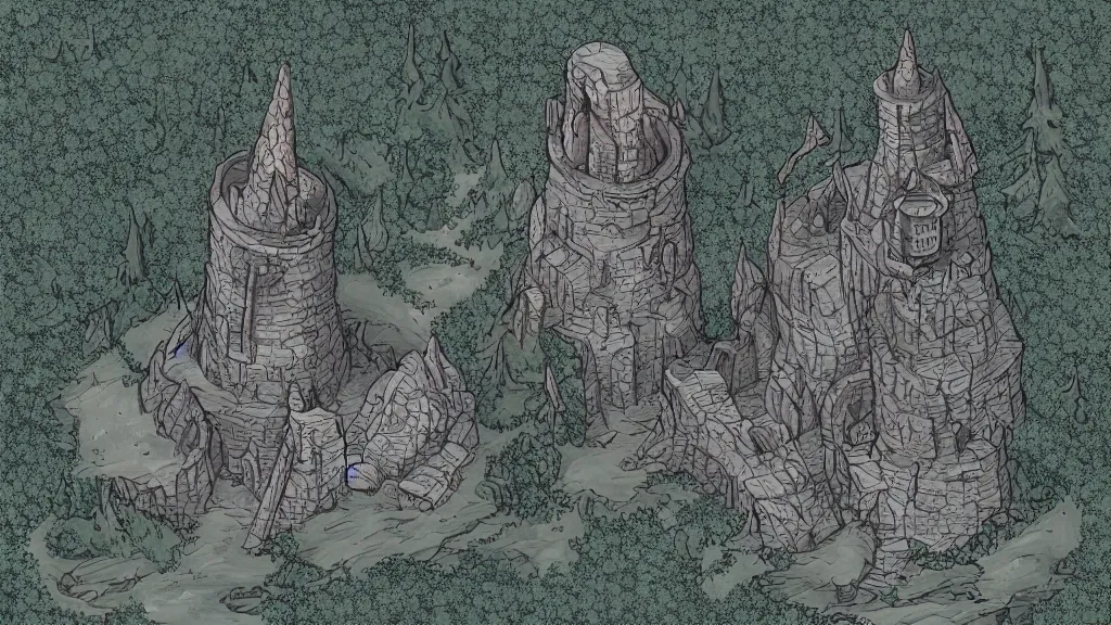 Image similar to Aerial view of a wizard tower next to a few mines and a few caves, lineart, colored