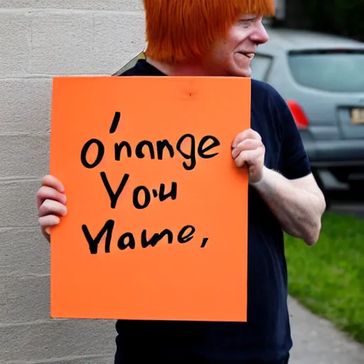 Image similar to orange tabby cat holds sign that says