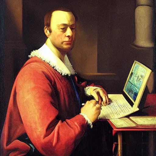 Prompt: Renaissance oil portrait of a man playing warzone on a computer, high-quality realistic oil painting with detailed strokes, robed Renaissance scholar, painting by goya,