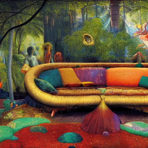 Image similar to psychedelic couch sofa in the lush forest, milky way, designed by arnold bocklin, jules bastien - lepage, tarsila do amaral, wayne barlowe and gustave baumann, cheval michael, trending on artstation, mediterranean, star, sharp focus, colorful refracted sparkles and lines, soft light, 8 k 4 k