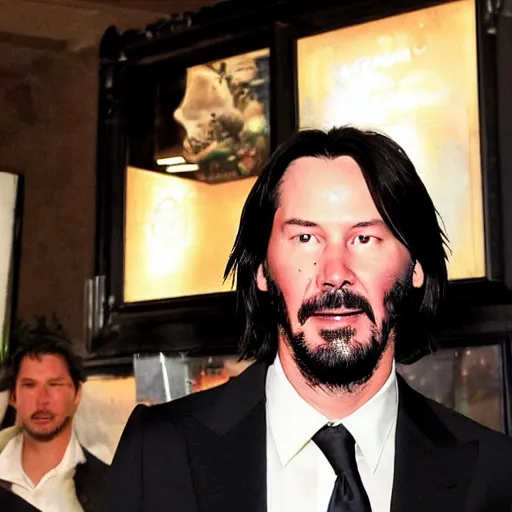Image similar to Keanu Reeves having a dinner at the moon