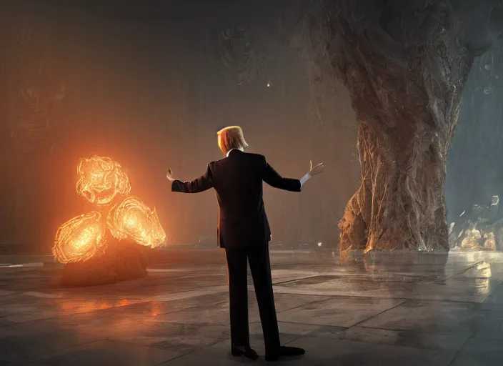 Prompt: donald trump ( focus ), eldritch, lovecraftian, octane render, volumetric lighting, ray tracing, unreal engine, style of 3 dimensional render, by andree wallin, by francois baranger