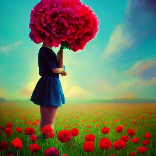 Image similar to face of carnations flower, girl in a flower field, surreal photography, sunrise dramatic light, impressionist painting, colorful clouds, digital painting, artstation, simon stalenhag, flower face