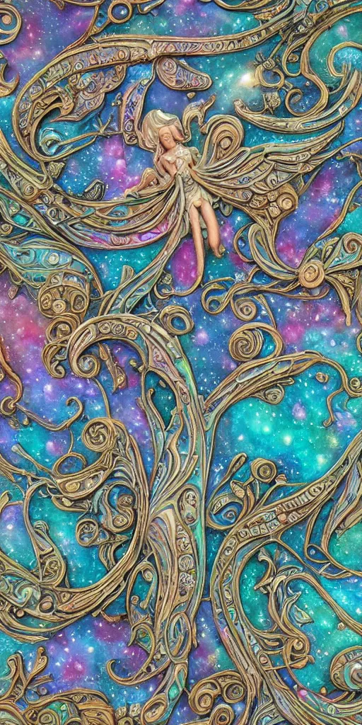 Image similar to intricate colourfully painted carved Soapstone relief paneling, iridescent, pearl and pale blue toned, celestial, cosmos, galaxies, planets, divinity, moon goddess, mother earth, Earth Goddess mythology, Gaia, angels, dream atmosphere, bright colors, vivid colors, Ghostly, crystaline celtic, insanly detailed , artstation, wallpaper, hyper realistic, realistic lighting