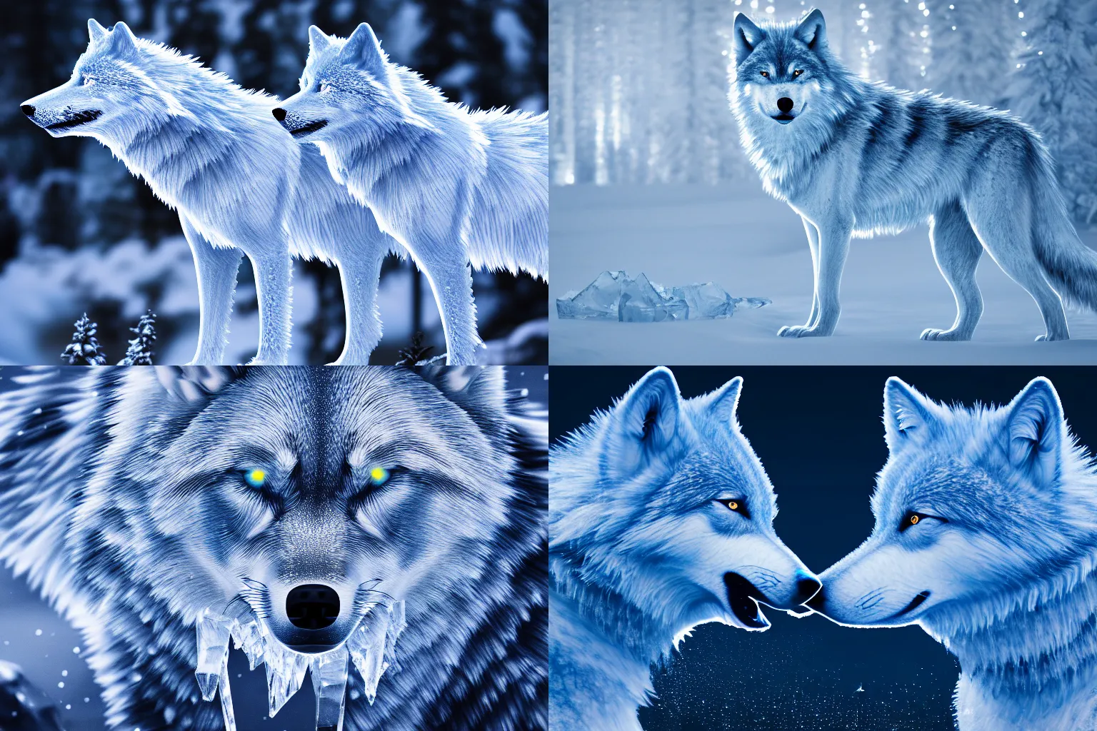 Prompt: crystal wolves breathing ice, 8 k, reflective