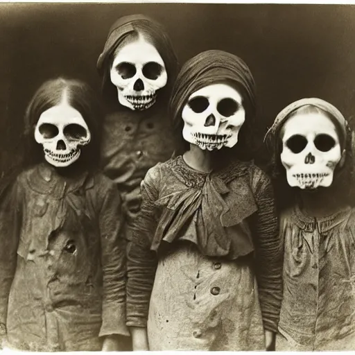 Image similar to portrait of children wearing skull masks, photograph, style of atget, 1 9 1 0, creepy, dark