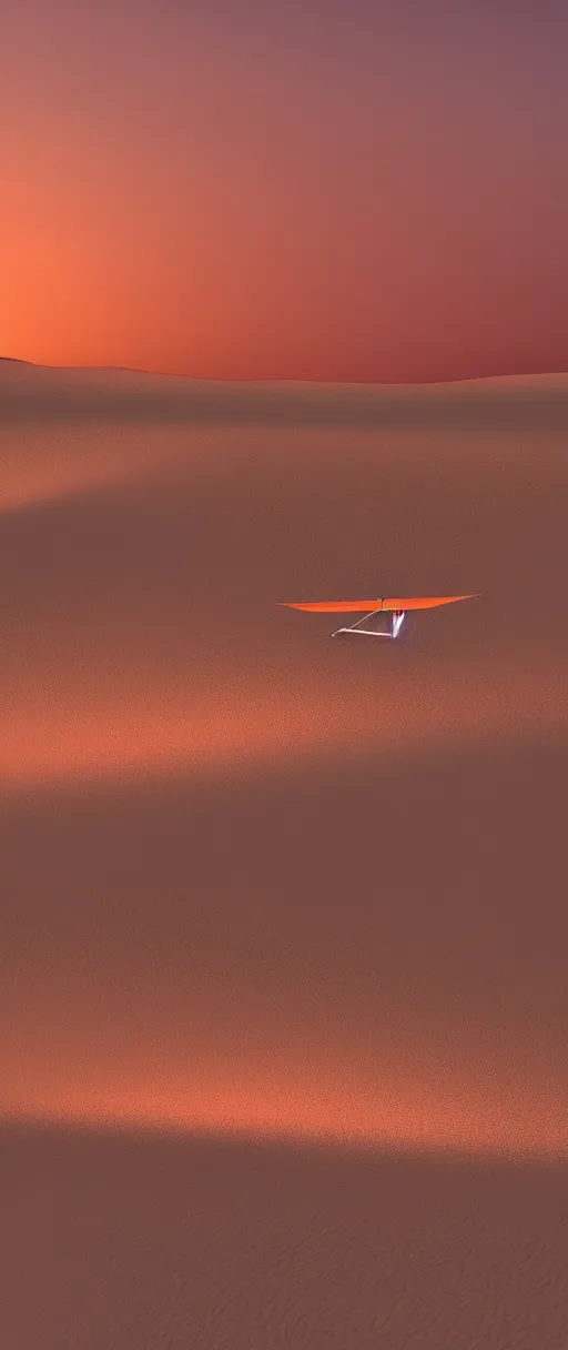 Prompt: an ornithopter on dune, giant sand worms in the background, light orange sunset, volumetric light, hdr, 8 k, bokeh designed by moebius kow yokoyama