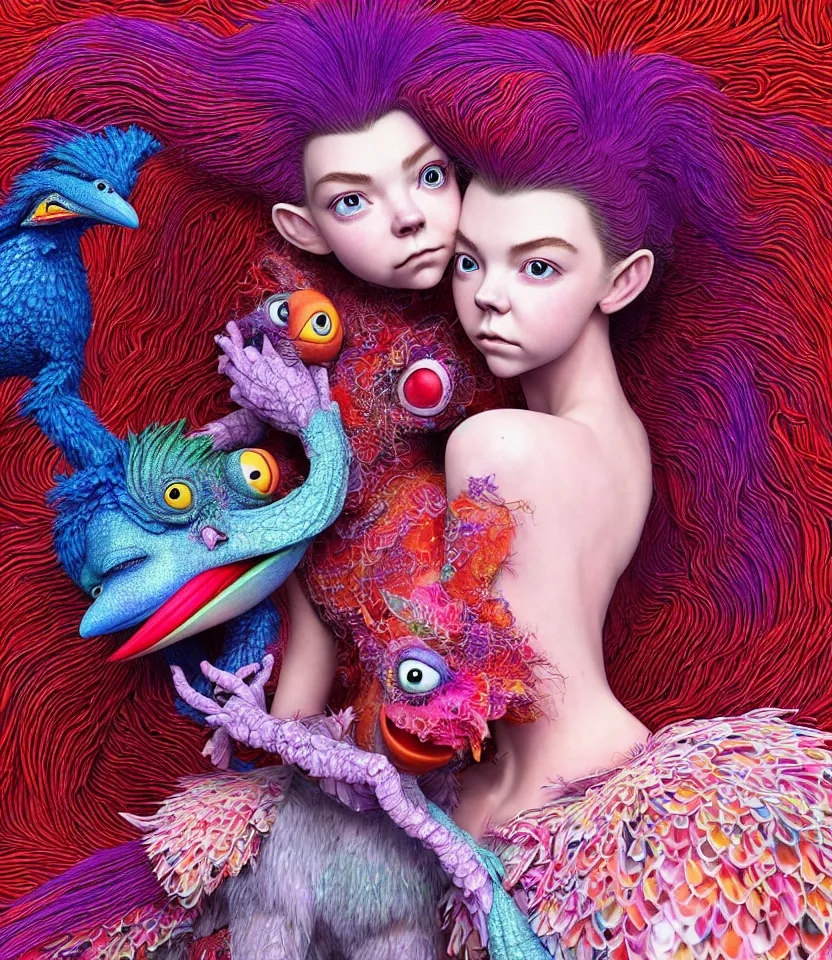 Image similar to hyper detailed 3d render like a Oil painting - kawaii portrait of lovers hugging or kissing pecking adorably Aurora (a beautiful girl skeksis muppet fae princess protective playful expressive acrobatic from dark crystal that looks like Anya Taylor-Joy) seen red carpet photoshoot in UVIVF posing in scaly dress to Eat of the Strangling network of yellowcake aerochrome and milky Fruit and His delicate Hands hold of gossamer polyp blossoms bring iridescent fungal flowers whose spores black the foolish stars by Jacek Yerka, Ilya Kuvshinov, Mariusz Lewandowski, Houdini algorithmic generative render, golen ratio, Abstract brush strokes, Masterpiece, Edward Hopper and James Gilleard, Zdzislaw Beksinski, Mark Ryden, Wolfgang Lettl, hints of Yayoi Kasuma and Dr. Seuss, Grant Wood, octane render, 8k