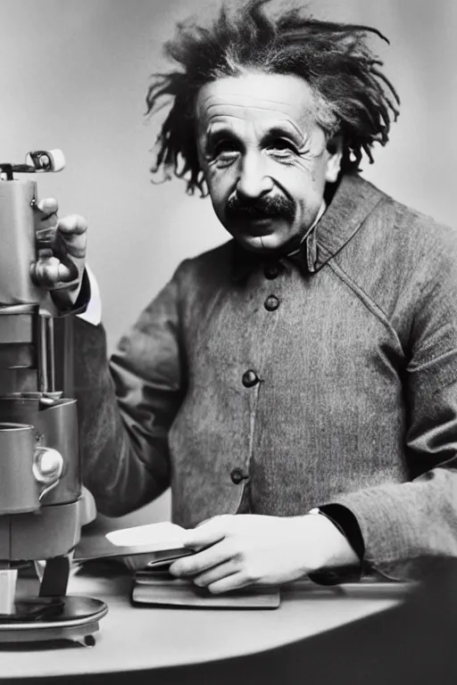 Image similar to intricate color photo of albert einstein, working in starbucks serving a customer, 8 k octane beautifully detailed render