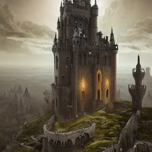 Image similar to a lonely and impossibly tall ominous palace dark citadel tower of the evil patriarch, battlements, castle wall, portcullis, on a plateau island in a river elevated high above the city, flintlock fantasy capital city, scary gothic architecture, ultrawide lense, aerial photography, unreal engine, exquisite detail, 8 k, art by greg rutkowski and alphonse mucha