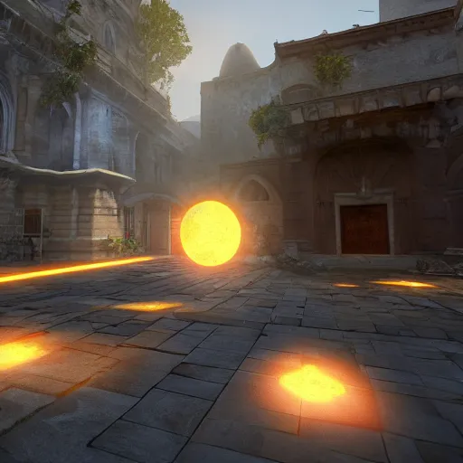 Prompt: arcane teleportation pad, realistic lighting, bloom, unreal engine, cinema, particles