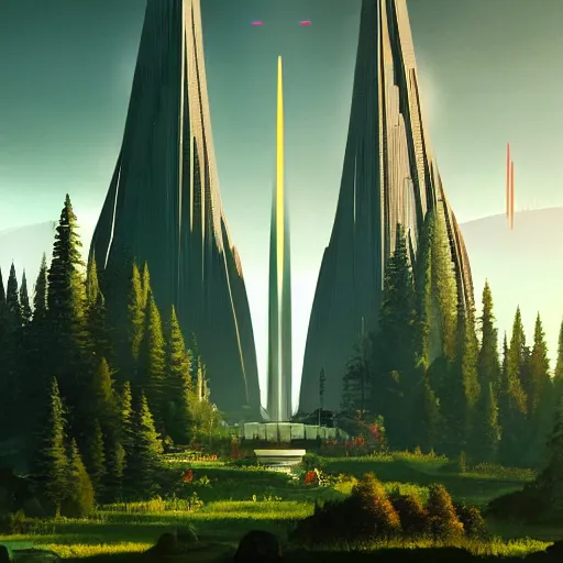 Image similar to tall futuristic temple towering above big green trees, stars in the sky, dramatic lighting, artstation, matte painting, raphael lacoste, simon stalenhag, frank lloyd wright