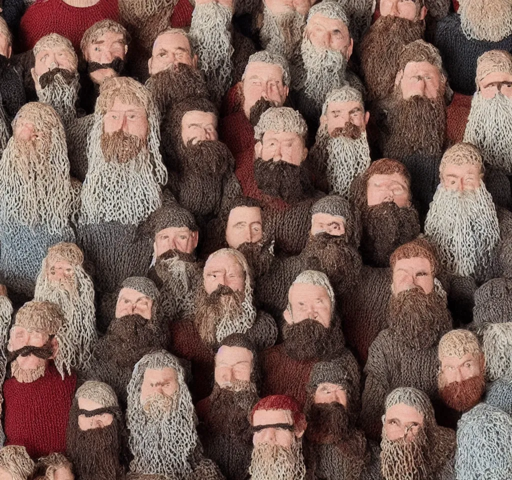 Image similar to some people that i had read about had knitted all of their beards together, a macrame homage to a better life, a tapestry depicting human failure, in real time and in three or four dimensions. they had been put in prison after they had knitted themselves to a shoplifter in solidarity