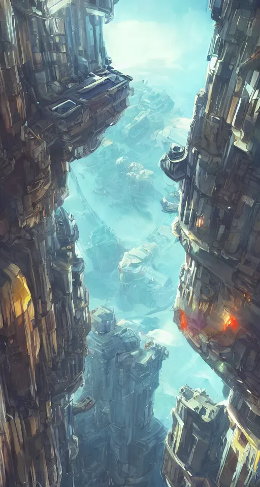 Prompt: A beautiful artwork illustration, level design, third person, a parkour course in a space ship, featured on artstation, wide angle, vertical orientation