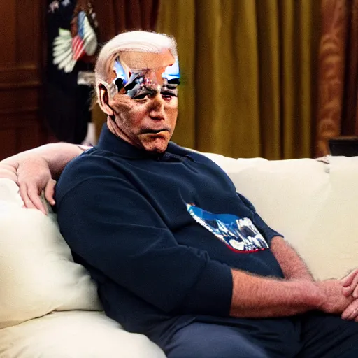 Prompt: Joe Biden fat and out of shape lying on the couch watching tv
