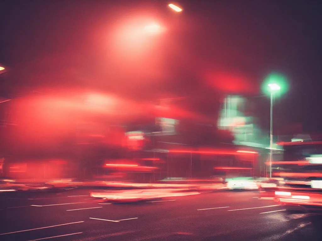 Image similar to “photography of busy intersection, motion blur , fog, red lights, night, mood, atmospheric, full of colour, digital photography”