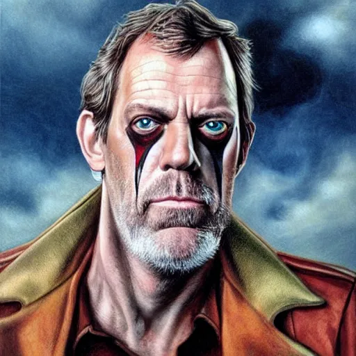 Image similar to hugh laurie as odin, a leather eyepatch covering his left eye, a raven on his shoulder, dark dramatic background, stormy clouds, lightning, very detailed painting by Glenn Fabry