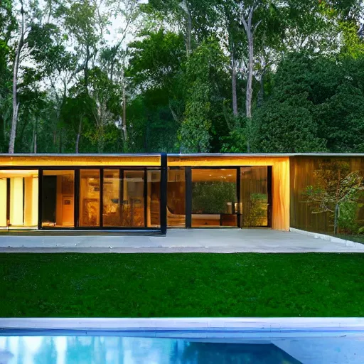 Prompt: contemporary house in the forest, lights inside, foliage, square pool, textures, detailed, big tree realistic