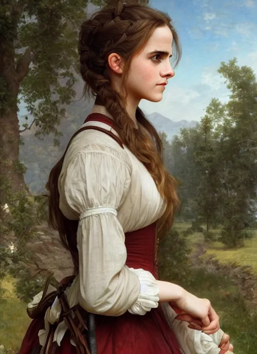 Image similar to full length portrait emma watson as 17th century country girl, shining, 8k highly detailed, sharp focus, illustration, art by artgerm, mucha, bouguereau