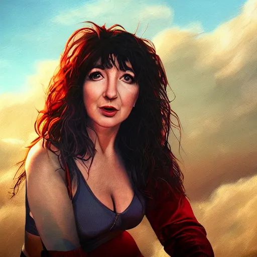 Prompt: a hyper real comic book style portait painting of kate bush on the beach, unreal 5, hyperrealistic, octane render, cosplay, rpg portrait, dynamic lighting