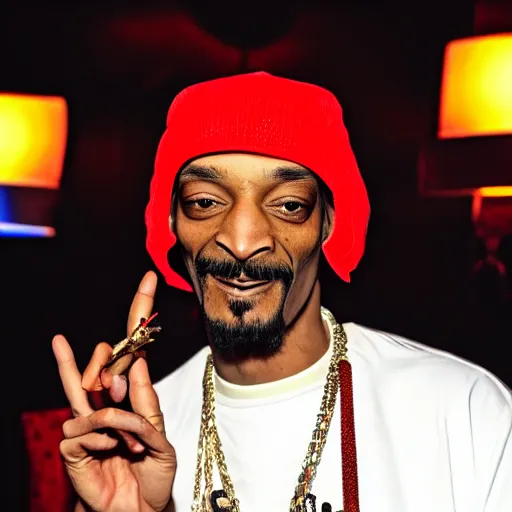 Image similar to Snoop Dog with big eyes eye color red , smiling and holding a joint in his hand