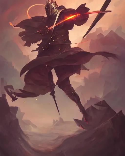 Image similar to action portrait of a magic knight fighting while casting spells with his swords, 4K trending on artstation by peter mohrbacher