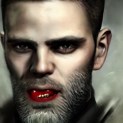 Image similar to portrait painting of a police officer with pale skin short blond hair a patchy beard and vampire fangs, sharp focus, ultra realistic, concept art, intricate details, eerie, highly detailed, photorealistic, octane render, 8 k, unreal engine. art by artgerm and charlie bowater and greg rutkowski