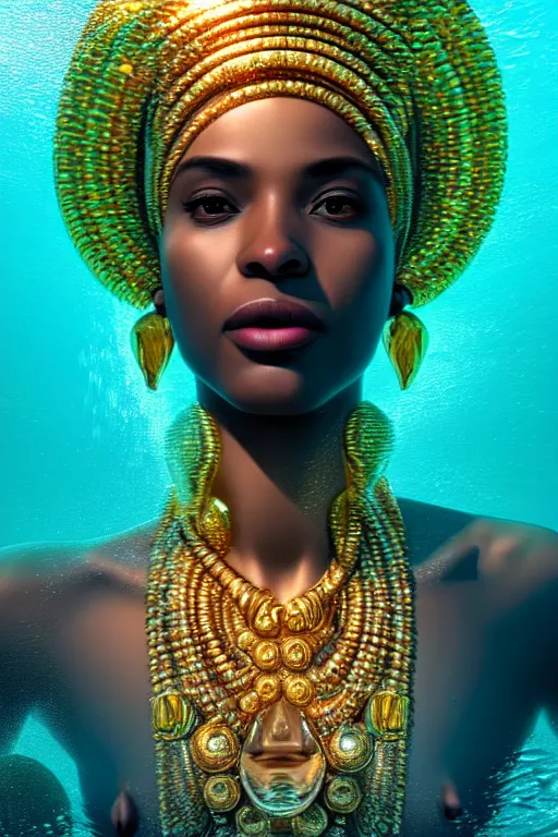 Image similar to hyperrealistic cinematic half underwater scene very expressive! translucent elegant african goddess, gold jewerly, highly detailed face, digital art masterpiece, aykut aydogdu zener, dramatic volumetric light, long shot, low angle uhd 8 k, sharp focus