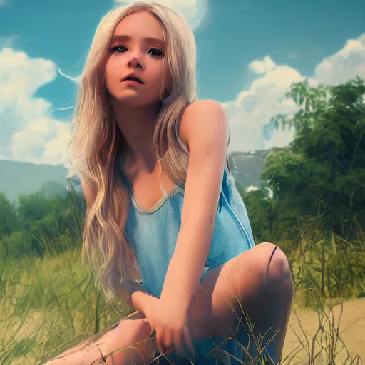 Prompt: a very beautiful russian girl, full body, long wavy blond hair, sky blue eyes, full round face, short smile, cute top, short jeans, summer lake setting, cinematic lightning, medium shot, mid-shot, highly detailed, trending on Artstation, Unreal Engine 4k, cinematic wallpaper by Stanley Artgerm Lau, WLOP, Rossdraws, James Jean, Andrei Riabovitchev, Marc Simonetti, and Sakimichan