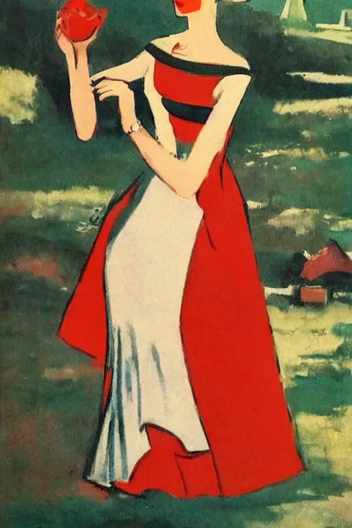 Image similar to beautiful slim and shapely young woman, elegant look, peasant dress, 1960\'s soviet propaganda art