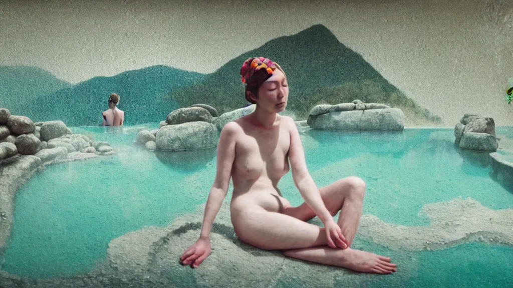 Prompt: a bather at a steaming natural hot spring in a nook of river stones, in an epic valley, japan, a collage painting, in the style of wes anderson, lola dupre, david hockney, isolated on negative white space background dark monochrome neon spraypaint accents volumetric octane render