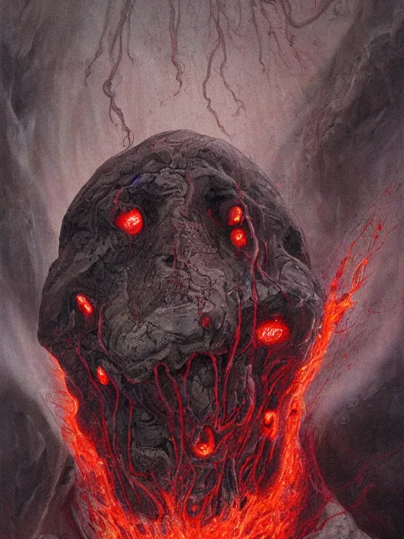 Image similar to wayne barlowe painting of a flying sorrowful looking severed human head with tears running down it's eyes, face that is chalk white in color, with long white tentacles stemming from it's neck, fiery scorching red eyes, background sprawling terrifying hellish cave with lava flowing through it's walls, 4 k