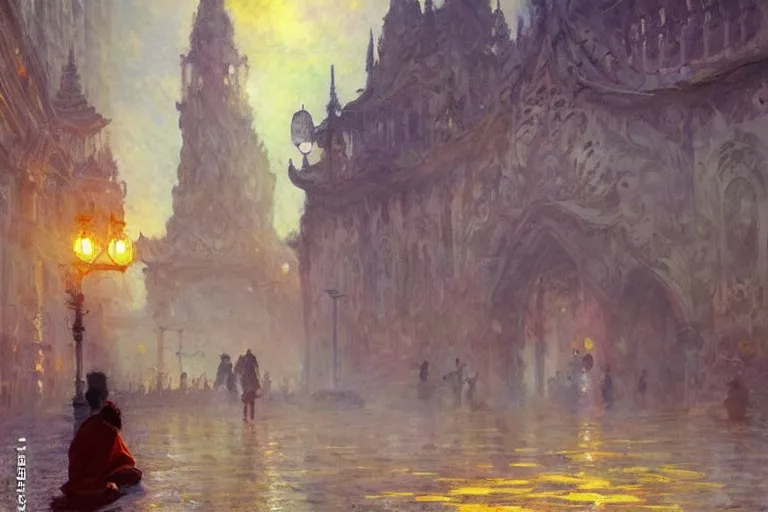 Prompt: city, buddhism, impressionnisme, painting by greg rutkowski, artgerm, claude monet