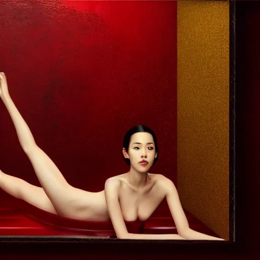 Image similar to Kiko Mizuhara full body laying in a blood red pool of water between a golden mirror frame, outside is space and inside the mirror frame is a beautiful landscape., physically accurate, dynamic lighting, intricate, elegant, highly detailed, digital painting, artstation, HR GIGER, Hieronymus Bosch, Francis Bacon, concept art, smooth, sharp focus, illustration, art by artgerm and greg rutkowski and alphonse mucha