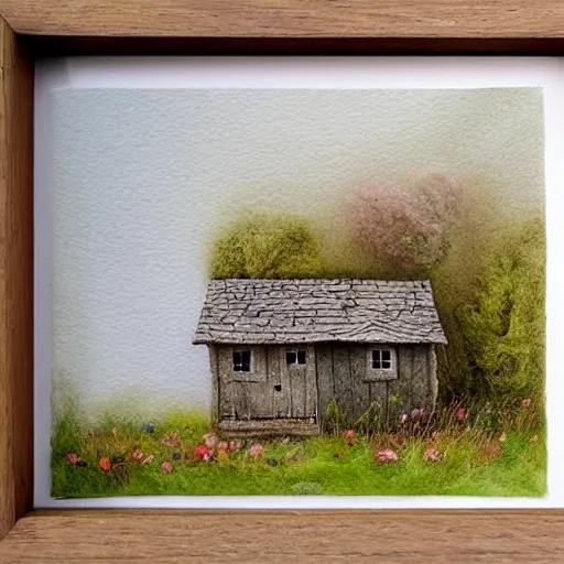 Image similar to small wooden house in the middle of spring forest, bright colours, watercolor, volumetric wool felting, macro photography, children illustration, by lee madgwick