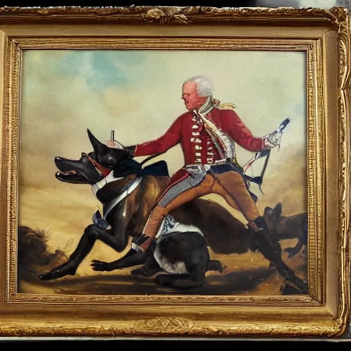 Prompt: oil painting of Joe Biden fighting in the American revolutionary war while riding a giant pug