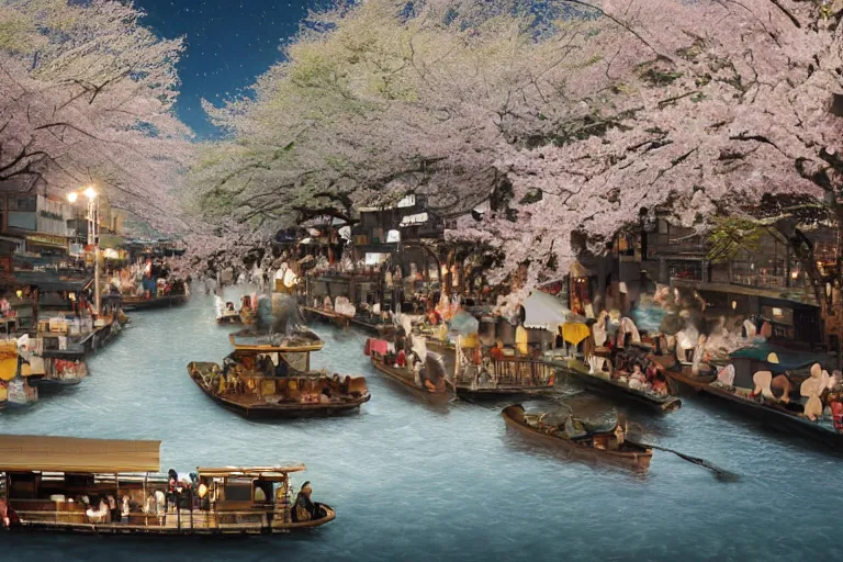 Image similar to floating markets of times square river in kyoto kamo river during sakura season on thermal waters flowing down white travertine terraces during interstellar aurora borealis, gold waterfalls, vendors, festivals, fun, by peter mohrbacher, james jean, james gilleard, greg rutkowski, vincent di fate, rule of thirds, octane render, beautiful landscape