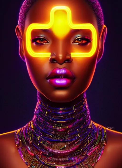 Image similar to portrait of african female humanoid, very intricate, elegant, cyber neon lights, highly detailed, digital illustration, trending in artstation, trending in pinterest, glamor pose, concept art, smooth, sharp focus, art by artgerm and greg rutkowski