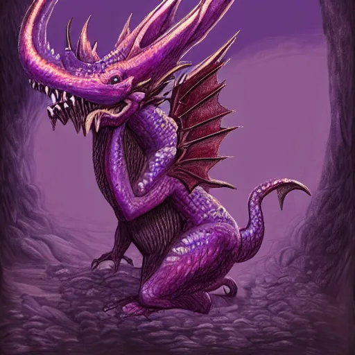 Prompt: purple dragon tames a gnome, happy fantasy illustration