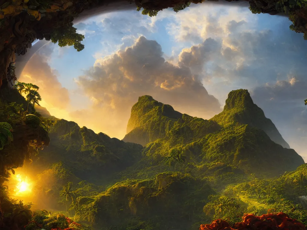 Prompt: the kauai universe is a spheroid region 7 0 5 meters in diameter, sunlight study, art nouveau, 3 d render, by jan davidsz de heem and thomas cole and ( ( ( ( ( lisa frank ) ) ) ) ), 8 k, extreme detail, sharp focus, octane render