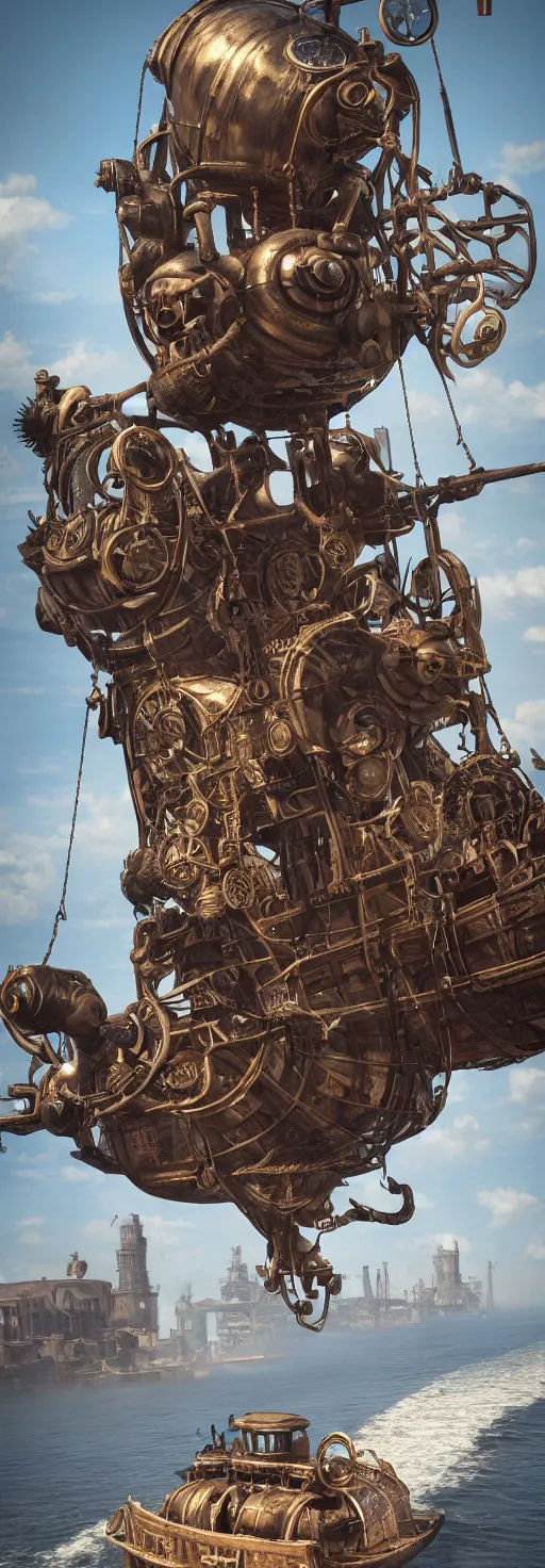 Image similar to a flying steampunk, steamboat from the 1 9 0 0 s with huge african mask on the front carrying black people across the mississippi river, bioshock infinite, detailed, behrens style, unreal 5 render, fantasy digital art, octane render, beautiful composition, trending on artstation