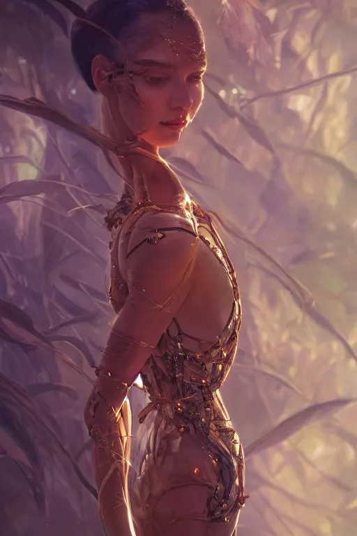 Image similar to stunningly beautiful, cyborg prima ballerina in jungle, symmetrical face, golden hour, smooth, focus, highly detailed, hyper realistic, dramatic lighting, elegant, intricate, concept art, art by wlop, mars ravelo, greg rutowski, artstation