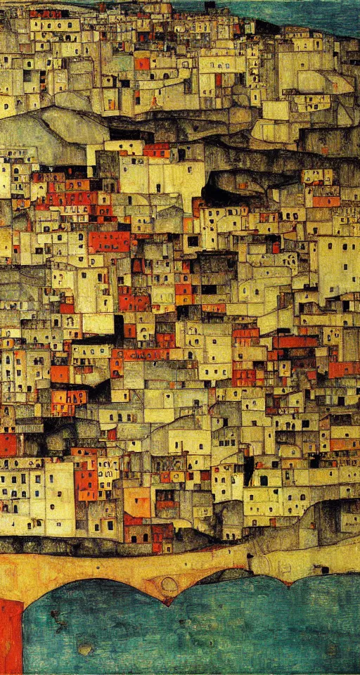 Image similar to a city in south of iran with a bridge, painting by egon schiele