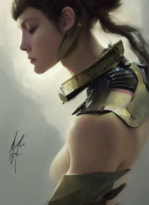 Image similar to a professional painting of a beautiful young female, clothed in military armor, olive skin, long dark hair, beautiful bone structure, symmetrical facial features, intricate, elegant, digital painting, concept art, smooth, sharp focus, illustration, from Metal Gear, by Ruan Jia and Mandy Jurgens and Artgerm and William-Adolphe Bouguerea