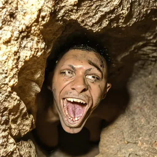 Prompt: photo inside a cavern of a wet reptilian humanoid rapper partially hidden behind a rock, with black eyes, open mouth and big teeth